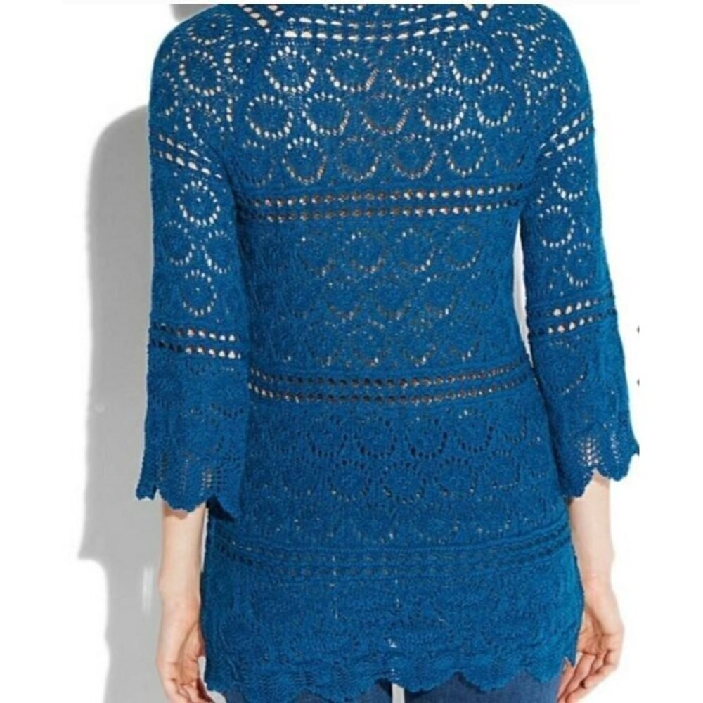 Lucky Brand Sweater Womens Medium Crochet Open Knit 3/4 Sleeve Tassel Tie Boho - Picture 4 of 9